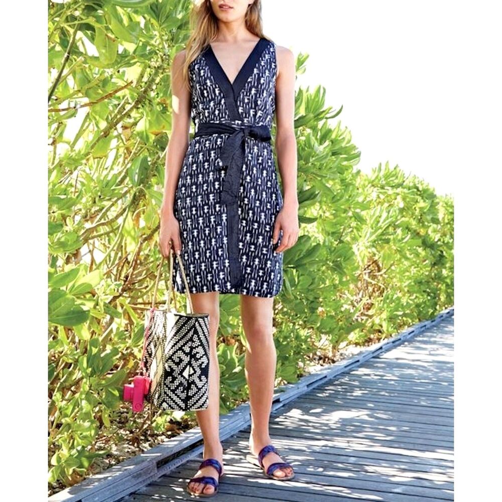 J.Crew Navy Ikat Print 100% Cotton, Linen Trim Faux Wrap Resort Dress, Size 00